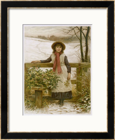 Girl Stands At A Stile With A Load Of Holly And A Sprig Of Mistletoe by H.J. Johnstone Pricing Limited Edition Print image