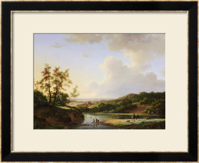 An Extensive Landscape With Figures And Cattle By A River, A Town Beyond, 1845 by Marinus Adrianus Koekkoek Pricing Limited Edition Print image