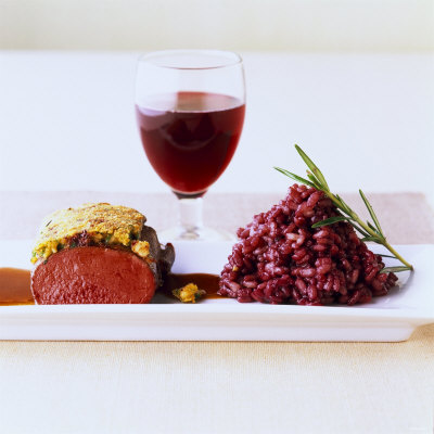 Venison With Chocolate Breadcrumb Crust & Red Wine Risotto by Jörn Rynio Pricing Limited Edition Print image