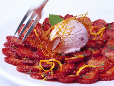 Strawberry Carpaccio With Strawberry Ice Cream & Caramel Strands by Jörn Rynio Pricing Limited Edition Print image