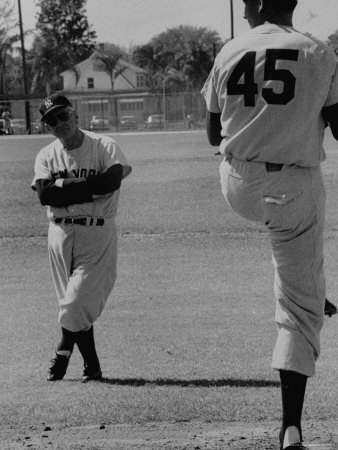 Yankee Manager Casey Stengel Watching Mark Freeman Practicing No Windup Pitch By Don Larsen by George Silk Pricing Limited Edition Print image