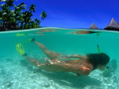 Woman Snorkelling In Shallow Tropical Water, French Polynesia by Michael Aw Pricing Limited Edition Print image