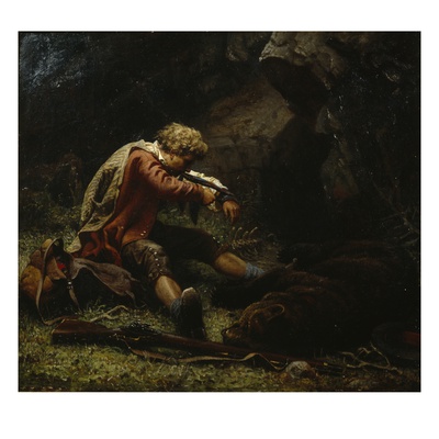Wounded Bear Hunter, 1861 (Oil On Canvas) by Knud Bergslien Pricing Limited Edition Print image