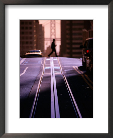 Pedestrian Crossing Cable Car Tracks On Nob Hill With Bay Bridge In Background, San Francisco, Ca by Thomas Winz Pricing Limited Edition Print image