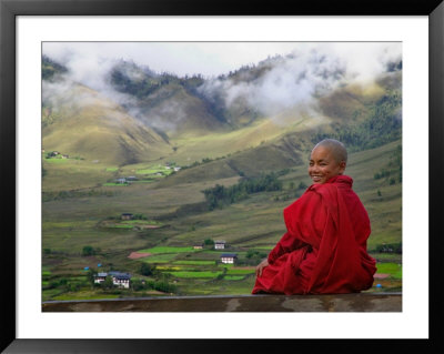 Monk And Farmlands In The Phobjikha Valley, Gangtey Village, Bhutan by Keren Su Pricing Limited Edition Print image