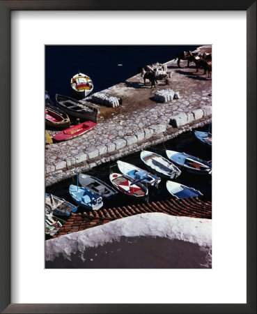 Overhead Of Fishing Boats Lined Up In Hydra Harbour, Hydra Town, Greece by Rodney Hyett Pricing Limited Edition Print image