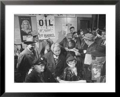 Town Residents Standing In Gas Station, Discussing Problems Caused By Oil Boom by Bernard Hoffman Pricing Limited Edition Print image