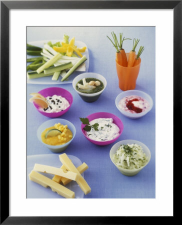 Six Different Dips, Strips Of Cheese And Raw Vegetables by Jörn Rynio Pricing Limited Edition Print image