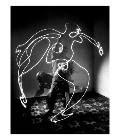 Multiple Exposure Of Artist Pablo Picasso Using Flashlight To Make Light Drawing Of A Figure by Gjon Mili Pricing Limited Edition Print image