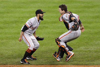 Detroit, Mi - Oct 28: Detroit Tigers V Sf Giants - Sergio Romo, Buster Posey And Miguel Cabrera by Christian Petersen Pricing Limited Edition Print image