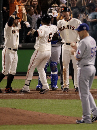 Texas Rangers V San Francisco Giants, Game 1: Juan Uribe, Cody Ross, Aubrey Huff by . Elsa Pricing Limited Edition Print image