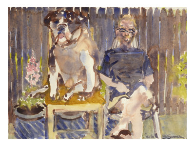 Watercolor Painting Of A Man And Dog Sitting by Images Monsoon Pricing Limited Edition Print image