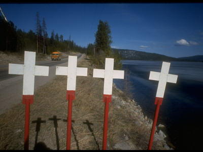 Line Of Steel Crosses At Roadside American Legion At Site Of Highway Deaths by Ralph Crane Pricing Limited Edition Print image