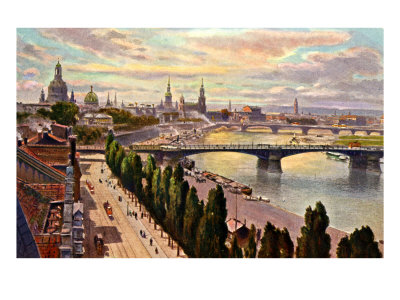 Dresden, View Of City With König Friedrich August Bridge, River Elbe, The Old Town And Trams by Harold Copping Pricing Limited Edition Print image