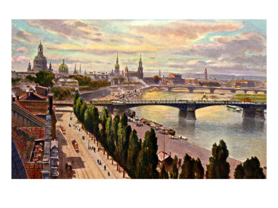 Dresden, View Of City With Konig Friedrich August Bridge, River Elbe, The Old Town And Trams by Harold Copping Pricing Limited Edition Print image