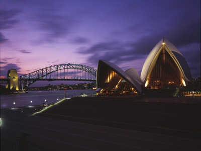 Opera House And Sydney Harbour Bridge At Sunset, Architect: Jorn Utzon by Alan Williams Pricing Limited Edition Print image