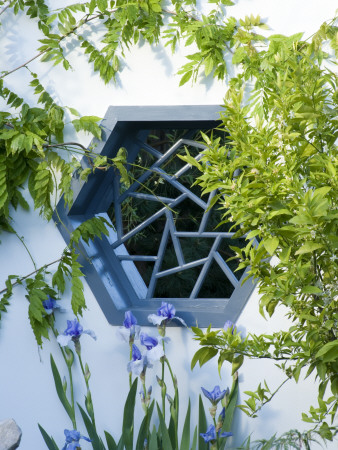 Oriental Garden - Hexagonal Window Set In Wall With Wisteria, , Designer Lesley Bremnes by Clive Nichols Pricing Limited Edition Print image
