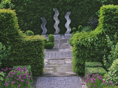 Path With Chives And Yew Hedge To Sculpture By Helen Sinclair, Designer: Tony Ridler by Clive Nichols Pricing Limited Edition Print image