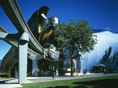 Experience Music Project In Seattle, Washington, Usa, 2000, Exterior With Elevated Train by John Edward Linden Pricing Limited Edition Print image