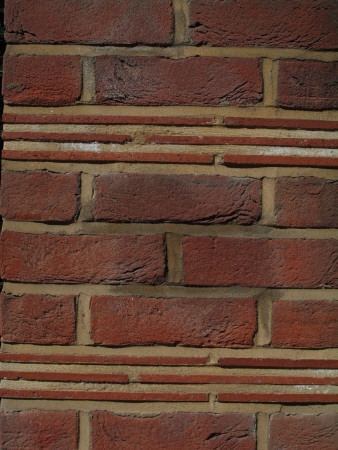 Backgrounds - Detail Of Red Clay Brick Tile And Mortar Wall Stretcher Bond With Tile Course by Natalie Tepper Pricing Limited Edition Print image