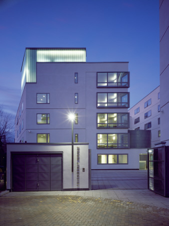 Friendship House, London, Main Entrance At Dusk, Maccormac Jamieson Prichard Architects by Peter Durant Pricing Limited Edition Print image