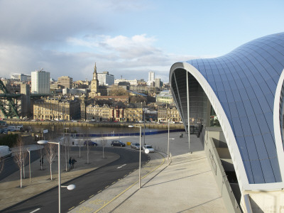 The Sage Gateshead, Gateshead, Tyne And Wear, England, Canopy Over Main Entrance With City In Back by Richard Bryant Pricing Limited Edition Print image