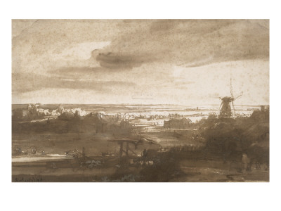 Vue Panoramique D'une Plaine Avec Un Moulin À Vent by Rembrandt Van Rijn Pricing Limited Edition Print image