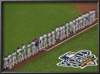 Texas Rangers V San Francisco Giants, Game 1:  Members Of The Texas Rangers Stand On First Base by Doug Pensinger Pricing Limited Edition Print image