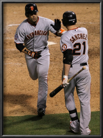 San Francisco Giants V Texas Rangers, Game 3: Andres Torres,Freddy Sanchez by Stephen Dunn Pricing Limited Edition Print image
