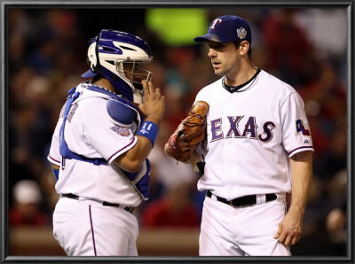 Texas Rangers V. San Francisco Giants, Game 5:  (L-R) Bengie Molina #11 And Cliff Lee #33 by Ronald Martinez Pricing Limited Edition Print image