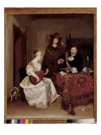 Woman Playing A Theorbo To Two Men by Gerard Terborch Pricing Limited Edition Print image