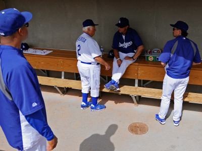 Texas Rangers V Los Angeles Dodgers, Glendale, Az - March 15: Tommy Lasorda And Dave Matingly by Kevork Djansezian Pricing Limited Edition Print image