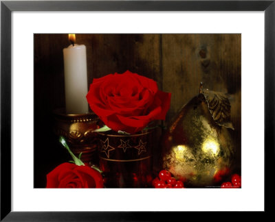 Lit White Candle In Gold Holder With Two Red Roses, Ilex Berries & Gold Pear Christmas Ornament by James Guilliam Pricing Limited Edition Print image