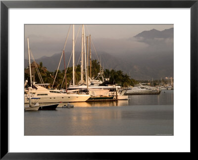 Boats Docked In Marina Vallarta Against Fog-Shrouded Mountains, Puerto Vallarta, Mexico by Nancy & Steve Ross Pricing Limited Edition Print image