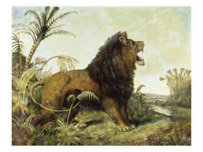 A Lion In A Jungle Landscape by William W. Huggin Pricing Limited Edition Print image