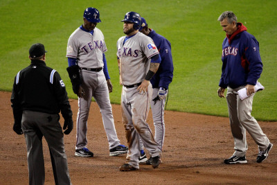 Texas Rangers V St Louis Cardinals, St Louis, Mo - Oct. 27: Mike Napoli And Ron Washington by Rob Carr Pricing Limited Edition Print image