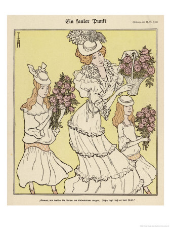 Mother And Her Daughters Carrying Bouquets Of Roses In A Decorative Manner by Thomas Theodor Heine Pricing Limited Edition Print image