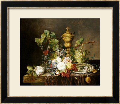 A Still Life With Roses, Carnations, An Iris, Grapes, A Silver Plate, Two Medalions by Emily Stannard Pricing Limited Edition Print image