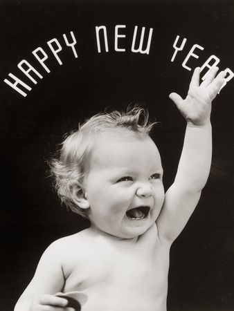 1930S Baby With Mouth Open And Hand Raised With Happy New Year Spelled Out In Arc Over Head by H. Armstrong Roberts Pricing Limited Edition Print image