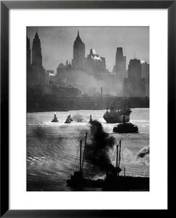 Ship And Tug Boat Traffic On The Hudson River With New York City Skyline by Andreas Feininger Pricing Limited Edition Print image