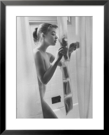 Woman Standing In Bathtub Demonstrating Various Gadgets For The Improvement Of Bathing by Peter Stackpole Pricing Limited Edition Print image