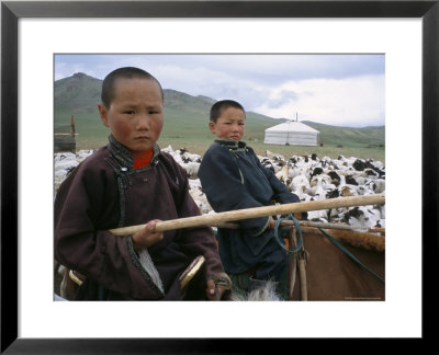 Young Boys On Horseback Herding Sheep, Mongolia, Central Asia by Bruno Morandi Pricing Limited Edition Print image