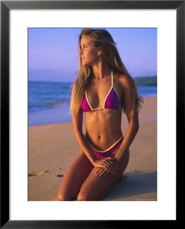 North Oahu, Hi, Woman In Swimsuit Posed On Beach by Bill Romerhaus Pricing Limited Edition Print image