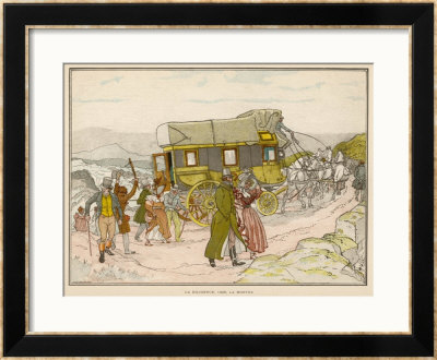 La Diligence, Passengers Of A French Stage Coach Walk Up A Hill To Spare The Horses by Eugene Courboin Pricing Limited Edition Print image