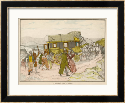 La Diligence, Passengers Of A French Stage Coach Walk Up A Hill To Spare The Horses by Eugene Courboin Pricing Limited Edition Print image