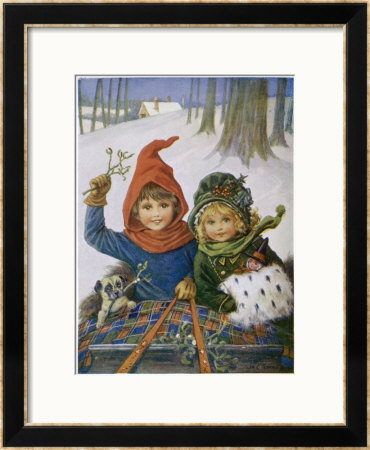 Two Children And Their Dog In A Sleigh by H.W. Petherick Pricing Limited Edition Print image