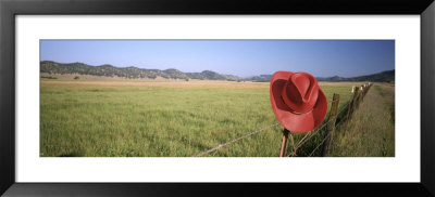 Red Cowboy Hat Hanging On The Fence, California, Usa by Panoramic Images Pricing Limited Edition Print image