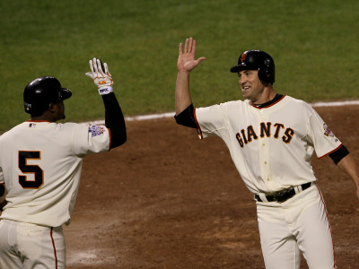 Texas Rangers V San Francisco Giants, Game 1: Pat Burrell, Juan Uribe by Justin Sullivan Pricing Limited Edition Print image