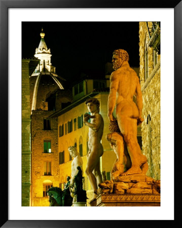 Michelangelo's David (Copy) And Other Statues On Piazza Della Signoria At Night, Florence, Italy by Martin Moos Pricing Limited Edition Print image