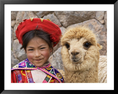 Girl In Native Dress With Baby Alpaca, Sacsayhuaman Inca Ruins, Cusco, Peru by Dennis Kirkland Pricing Limited Edition Print image